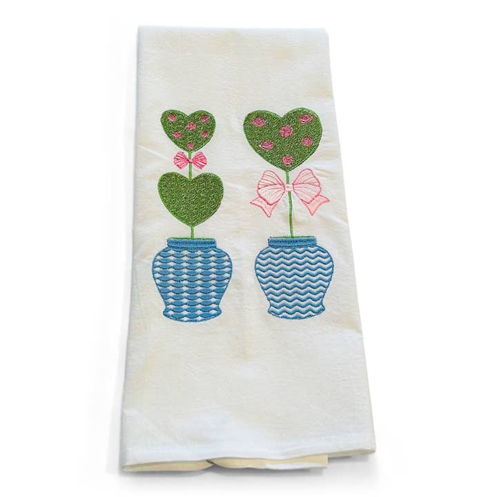 Towel - Pair of Heart Topiaries on white for wholesale by Vibrantly Blue