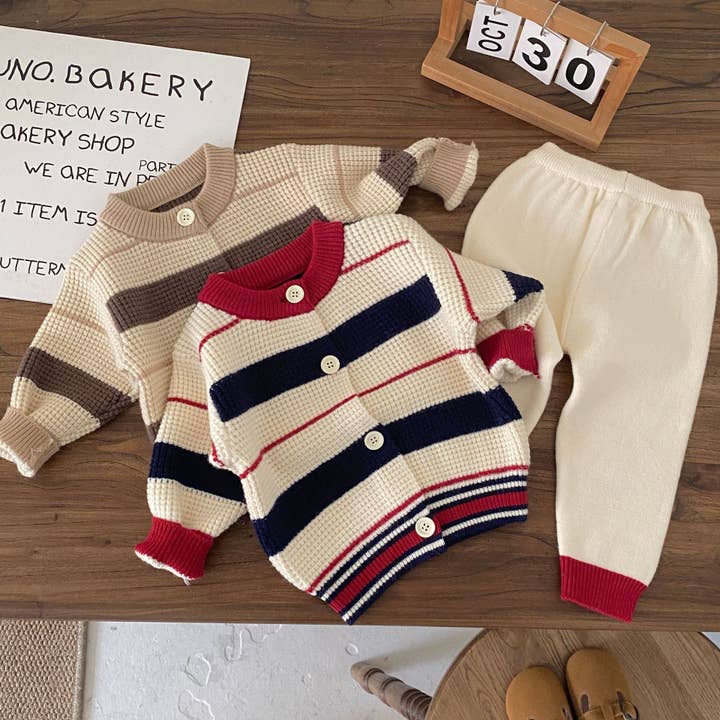 MyKids-USA® - Wholesale Clothing Set - Baby - Autumn and Winter New Arrival Baby Kids Unisex Long Sleeves Striped Pattern Crew Neck Knitted Cardigan and Pants Clothing Sets7