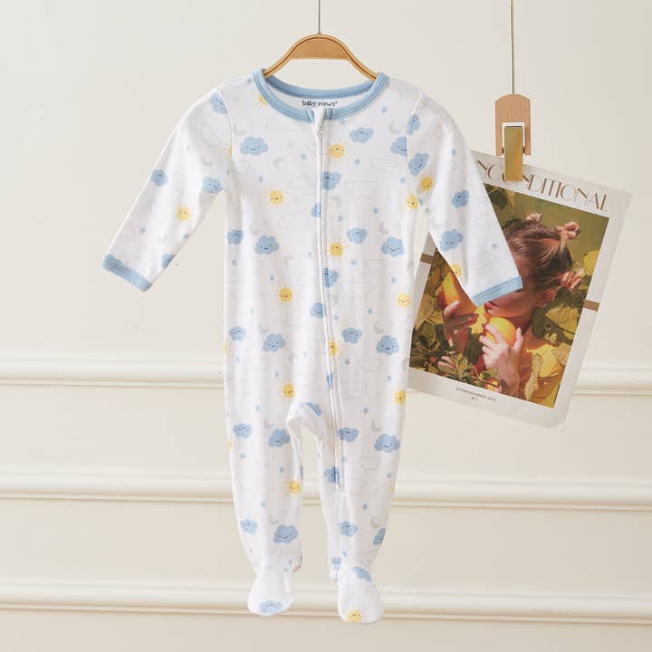 Cloud & Sun Pattern Zipper Footie Pajamas Romper for wholesale by Lollipop Dreams