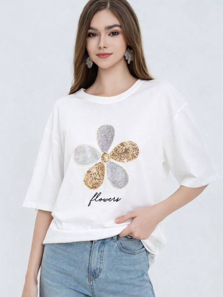 Floral Sequin Detail Cotton T-Shirt – Relaxed Fit Short Slee for wholesale by Lucy Sparks