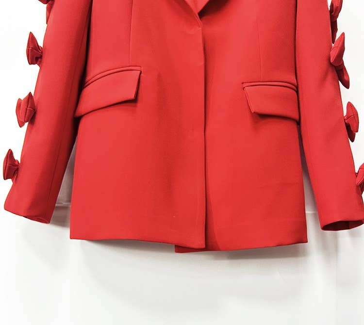 Sanyao Fashion - Vente Veste de tailleur – femme  - Veste de costume mi-longue rouge chic à manches à nœud papillon SY2547