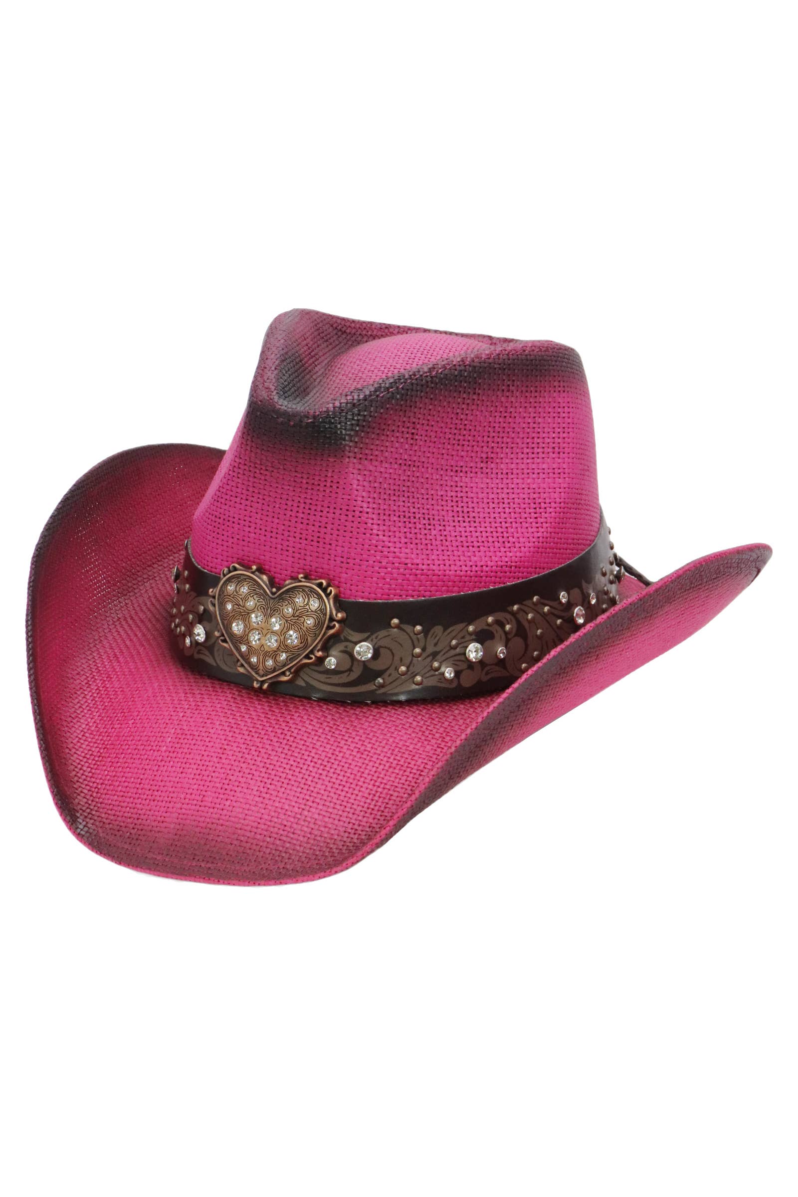 Cap Zone - Wholesale Cowboy Hat - Unisex - Heart Bling Rhinestone Belt Ombre Straw Cowboy Hat6