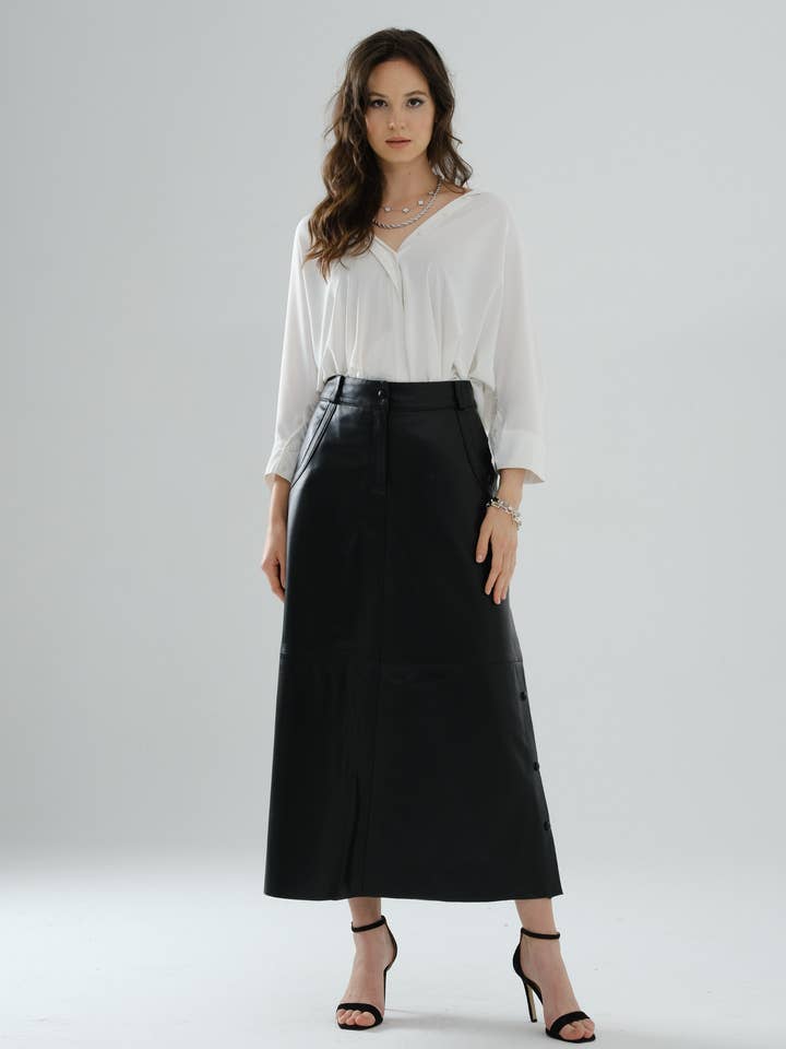 Lang lædernederdel med sidelukning – Sort for engroshandel hos DUE2store