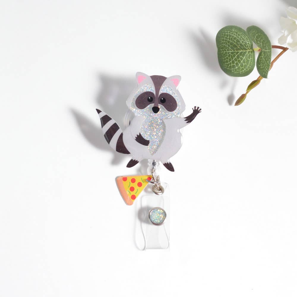 OUTSIDE THE BOX, LLC - Wholesale Badge Accessory - Women's - Glitterific Badge Reel Racoon Pizza