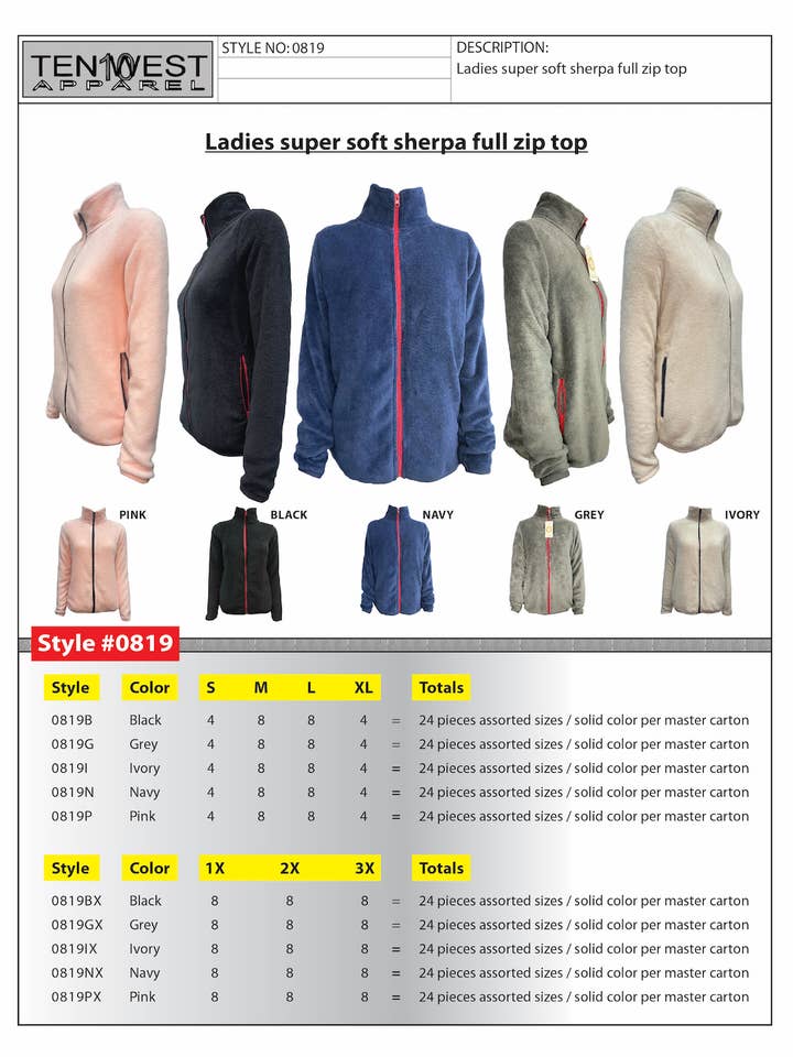 Ladies black full zip 1X-3X for wholesale by Ten West Apparel