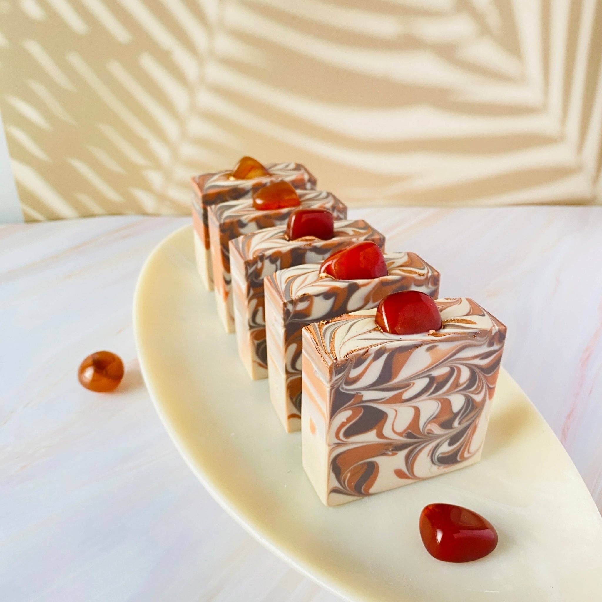 Tammi Home Body & Bath - Wholesale Bar Soap - Luxury Artisanal Handmade Soap | Carnelian Gemstone with Silk | Dry Tobacco & Hay Scent