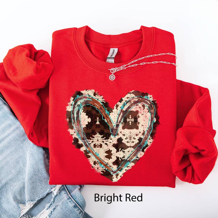 Western Heart, Cowhide Print Valentine's Day Love Sweatshirt for wholesale by Refinery Number One LLC