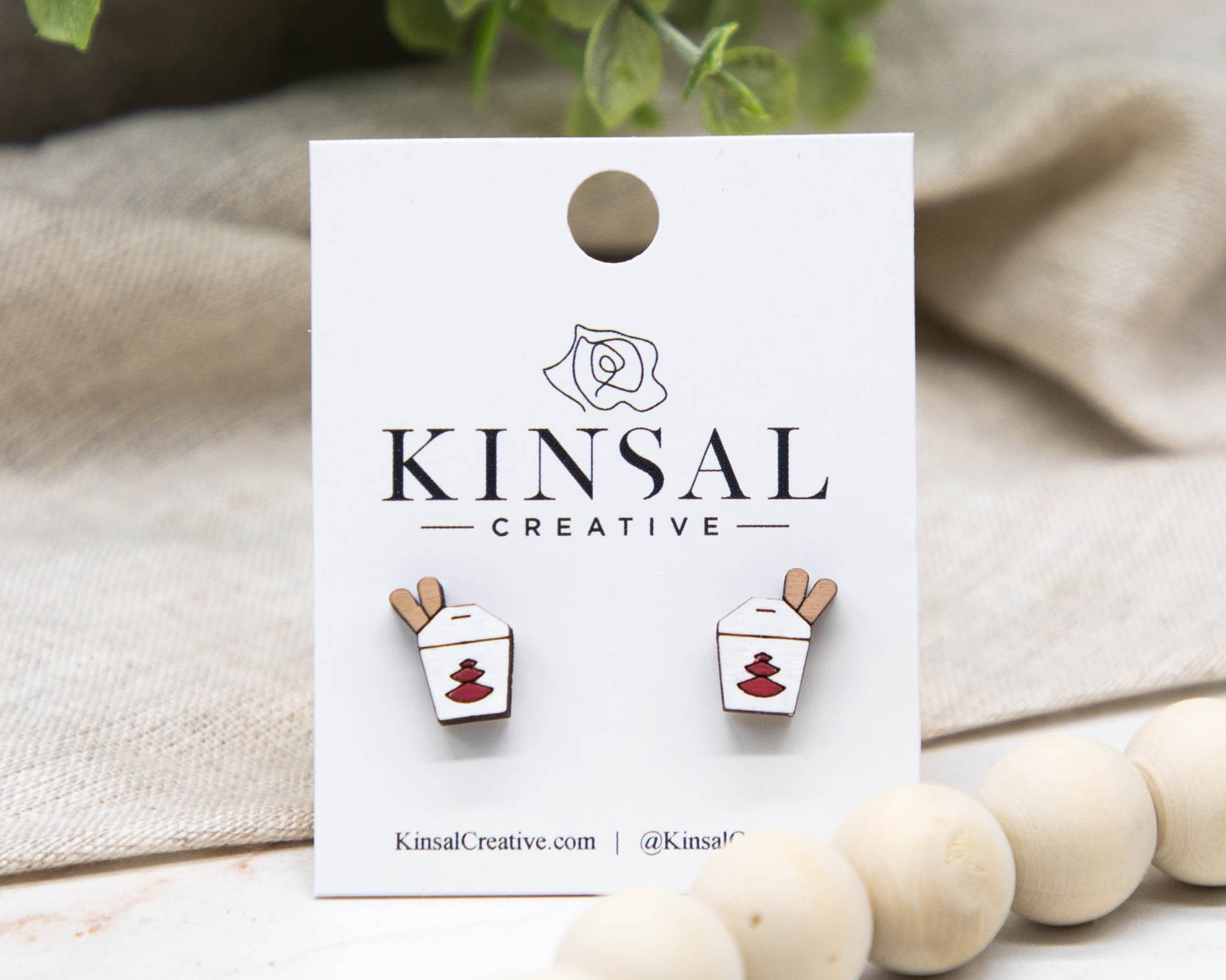 Kinsal Creative - Wholesale Stud/Post Earrings - Chinese Take-Out Box Wood Stud Earrings0