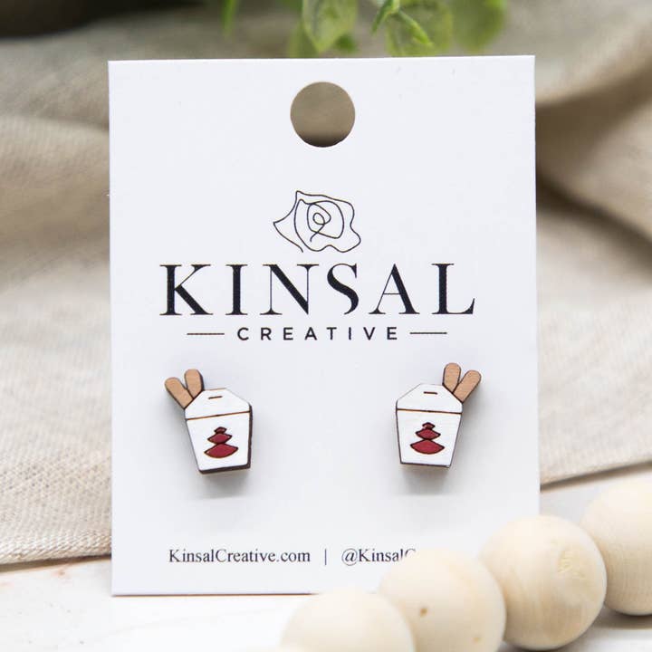 Kinsal Creative - Wholesale Stud/Post Earrings - Chinese Take-Out Box Wood Stud Earrings0