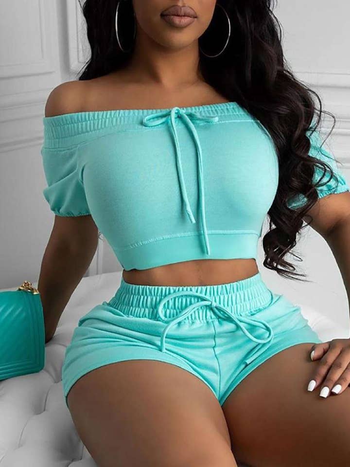 solid off shoulder drawstring top shorts set for wholesale by Fashion Combination