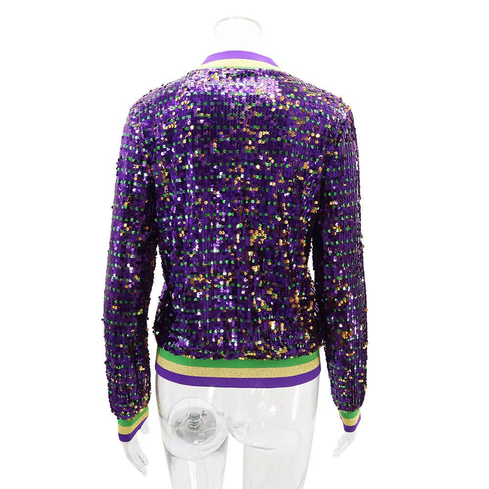Purple Striped trim party sequins bomber jacket for wholesale on Faire2
