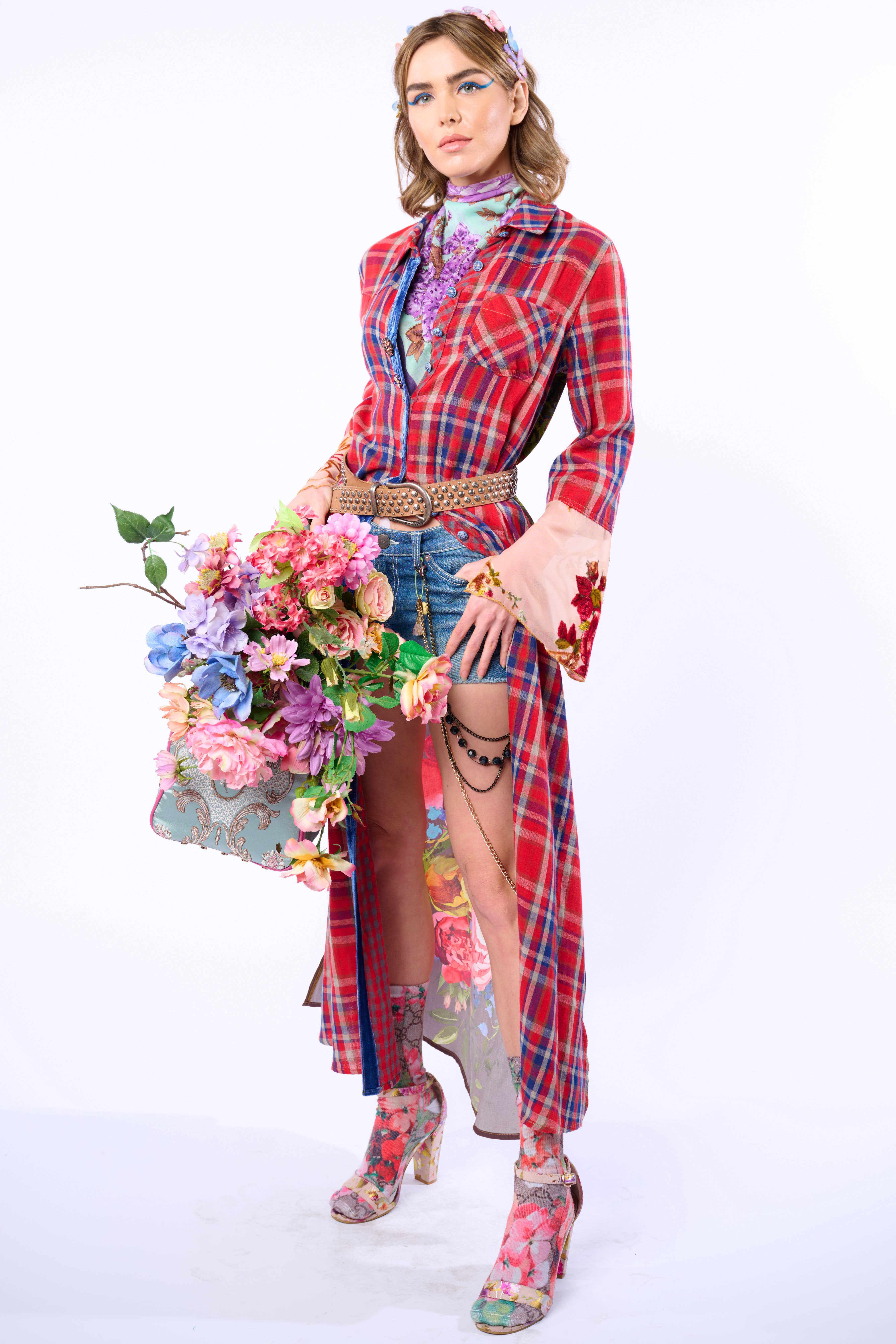 Rode geruite combinatie Anna knoopsluiting Maxi Overhemdjurk / Duster voor groothandel op Faire13