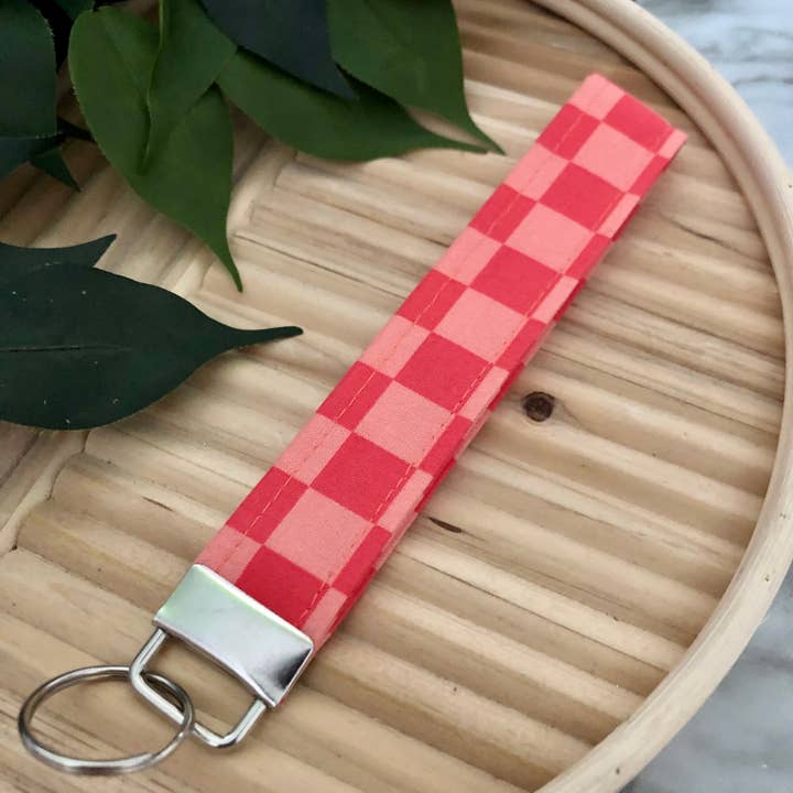 MDStickerShop - Wholesale Keychain - Women's - Pink Checkered Print Fabric Wristlet Keychain, Key Fob