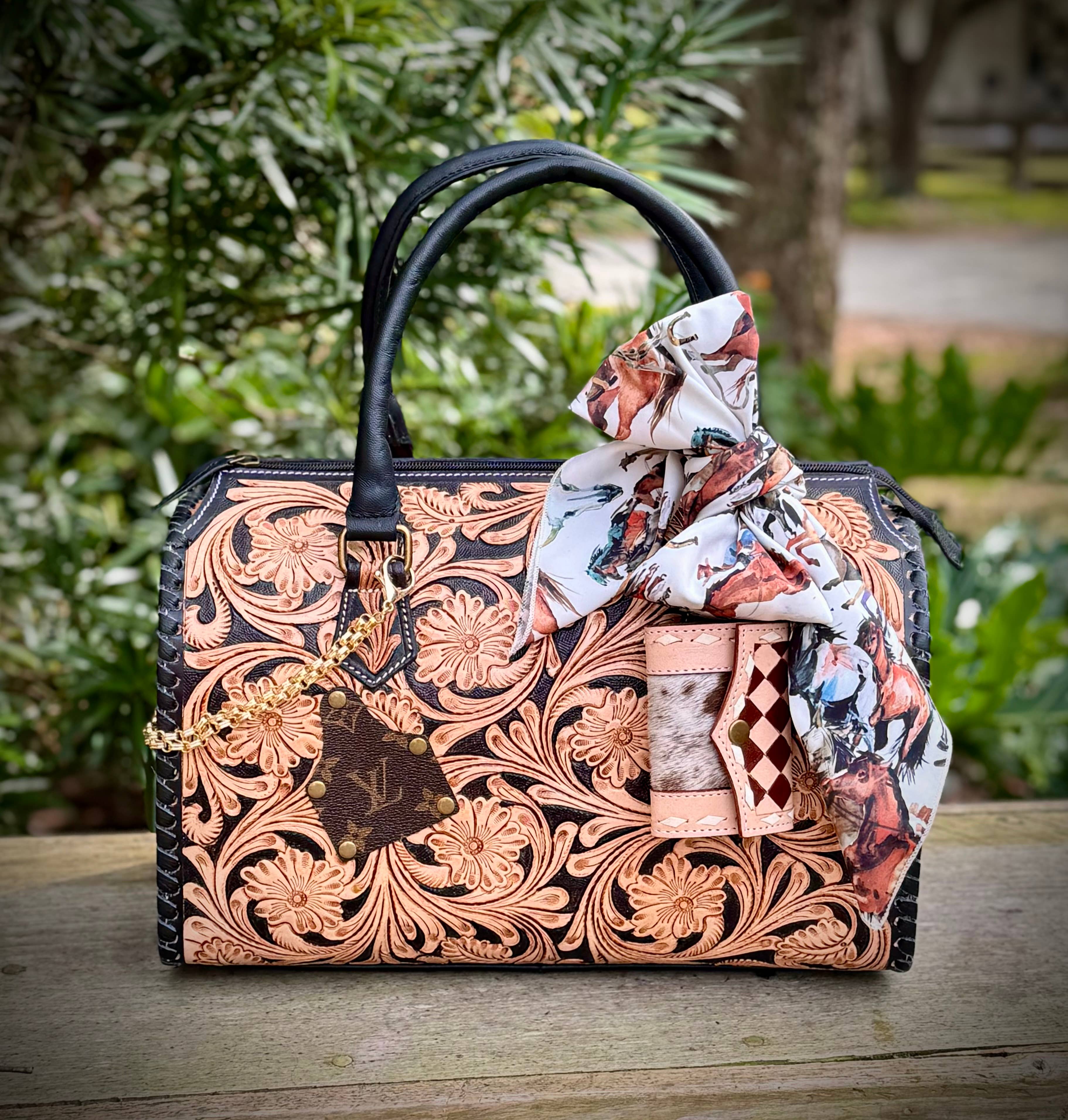 Southern Junkie Gypsy Boutique - Wholesale Crossbody Bag - Women's - Upcycled LV Tooled Leather Speedy Bag Western Crossbody 3