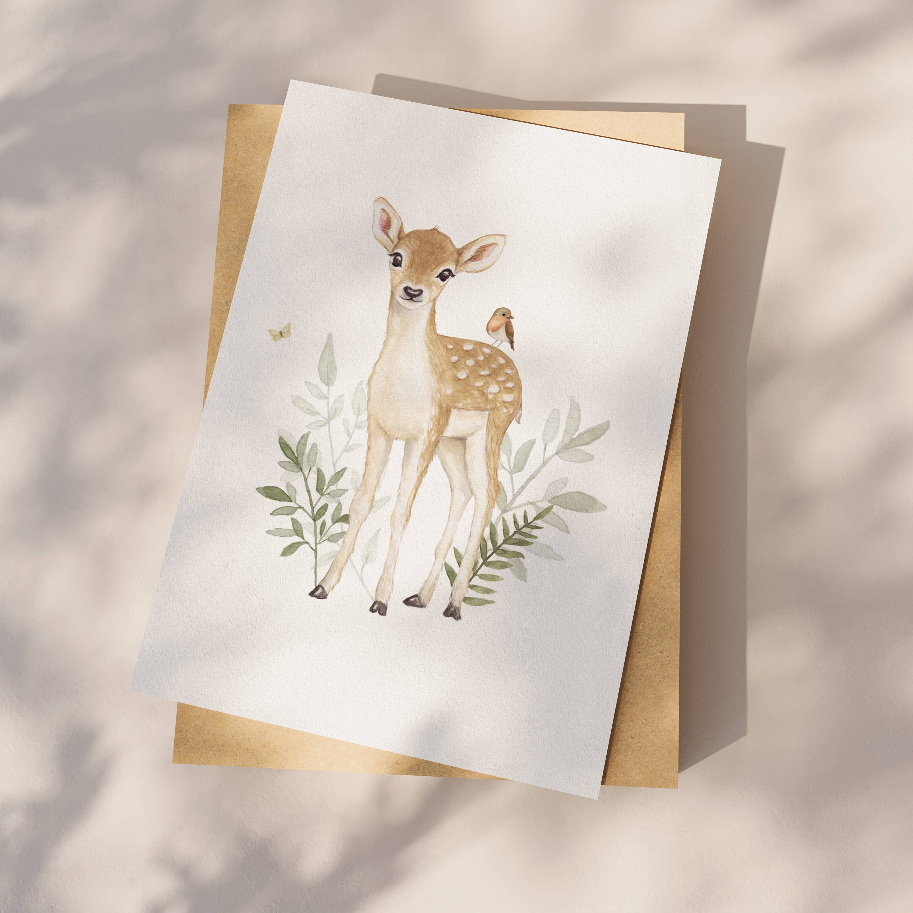 Appeloogje - Wholesale Baby Card - Postcard deer with robin1