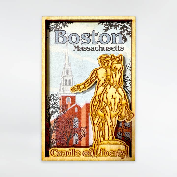 Boston Paul Revere Engraved Wood Magnet for wholesale by Commonwealth Souvenirs