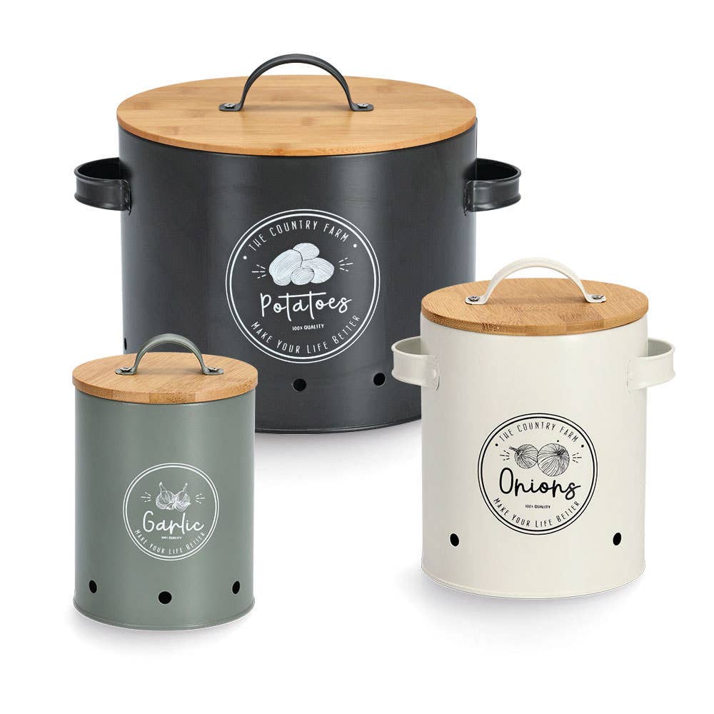 black Storage jar with bamboo lid "Potatoes", metal for wholesale on Faire1