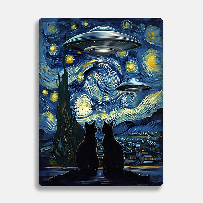 Cats Under Starry Night With UFO Alien UFO Metal Sign Plaque for wholesale by The British Metal Signs Company