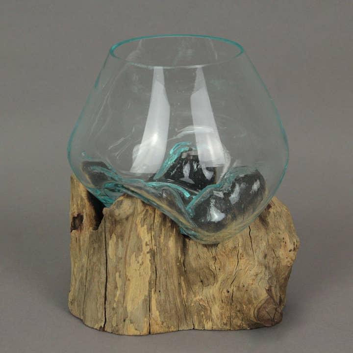 Zeckos - Wholesale Decorative Tabletop Object - Melted Glass On Teak Driftwood Decorative Bowl 6 Inches High