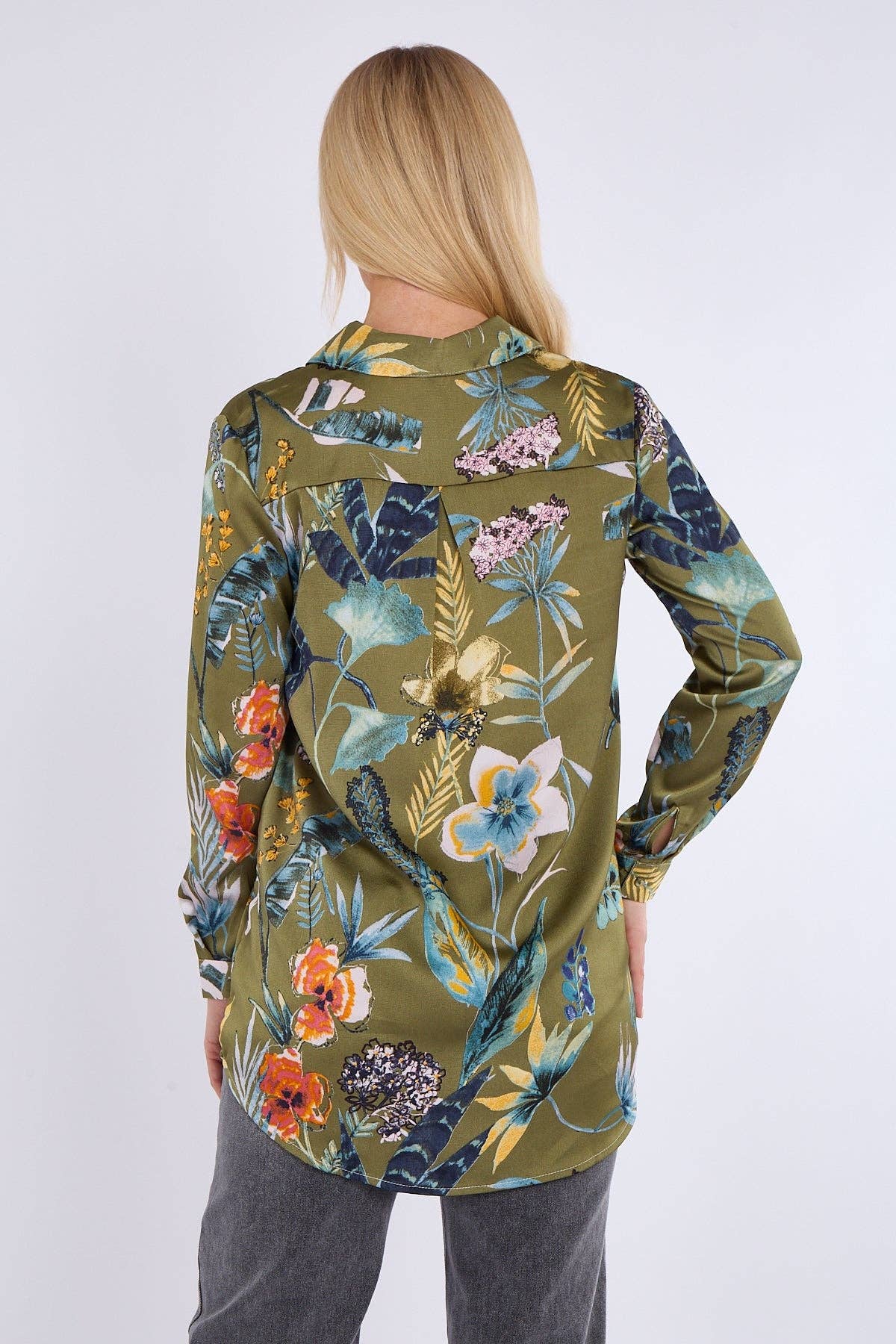 green Olive Floral Print Bubble Satin Shirt for wholesale on Faire5