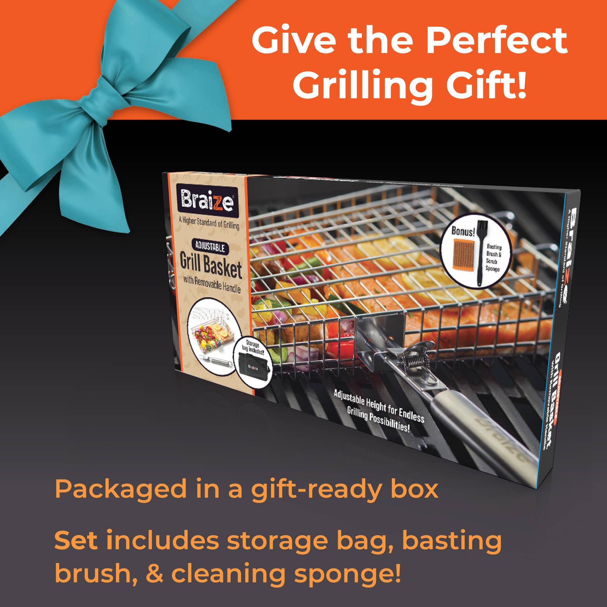 Braize – wholesale Outdoor grill tools – Adjustable Grill Basket Set w/ Handle Sponge & Basting Brush3