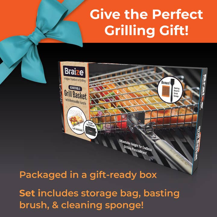 Braize - Wholesale Outdoor Grill Tools - Adjustable Grill Basket Set w/ Handle Sponge & Basting Brush3