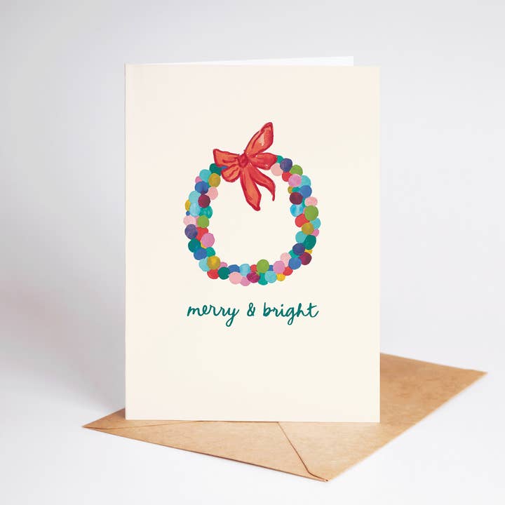 The Shelley Society - Wholesale Season's Greetings Card - Colorful Merry & Bright Bauble Wreath Holiday Greeting Card2