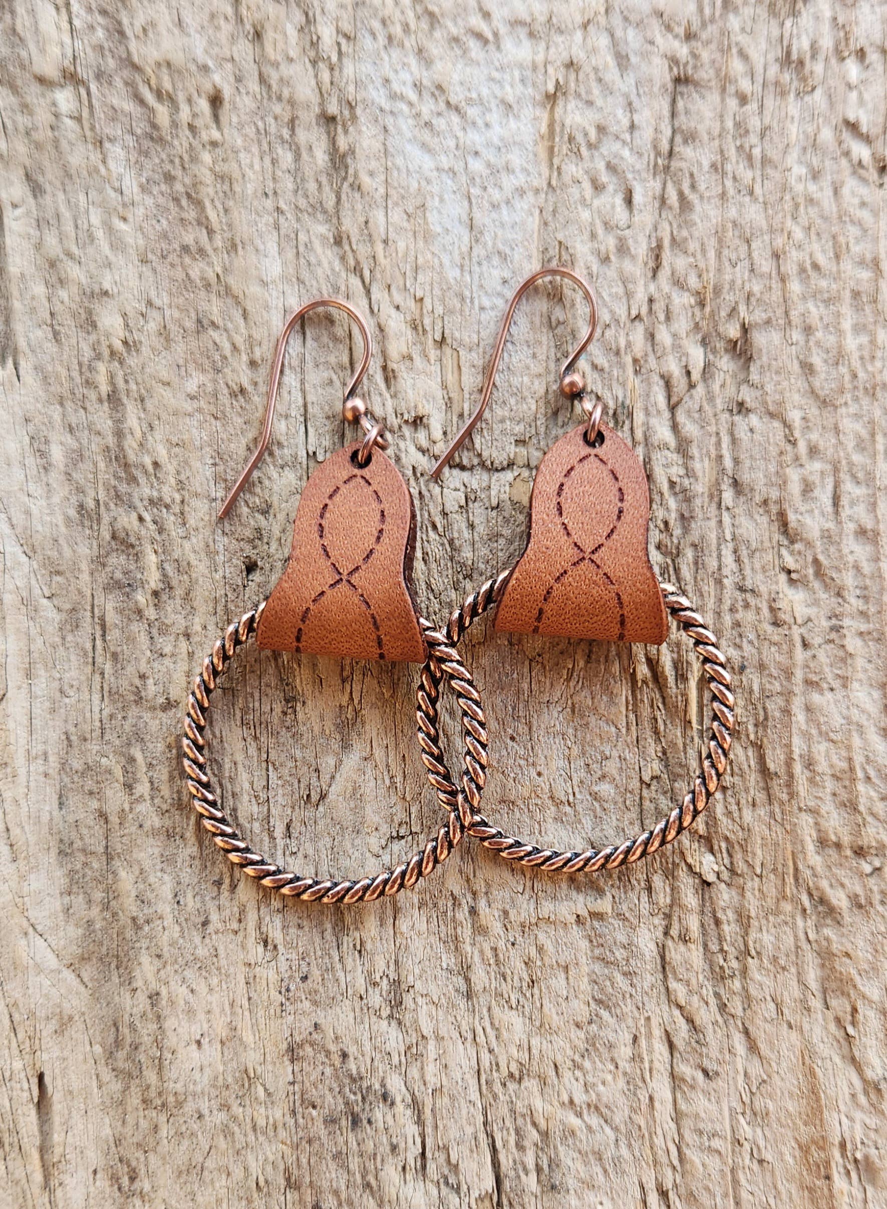 Cocklebur & Co. – wholesale Dangle earrings – "Lari Dee"  Handmade Boot Stitch Leather & Rope Earrings2