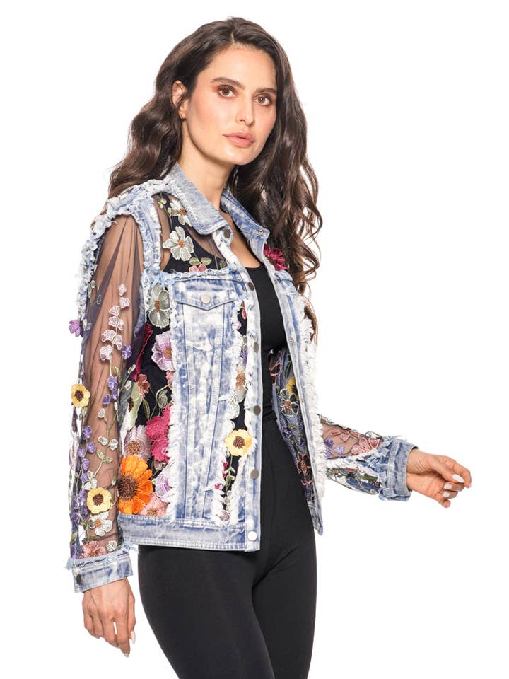 Adore - Wholesale Denim Jacket - Women's - BS2535 - Denim Lace Jacket with Floral Embroidery