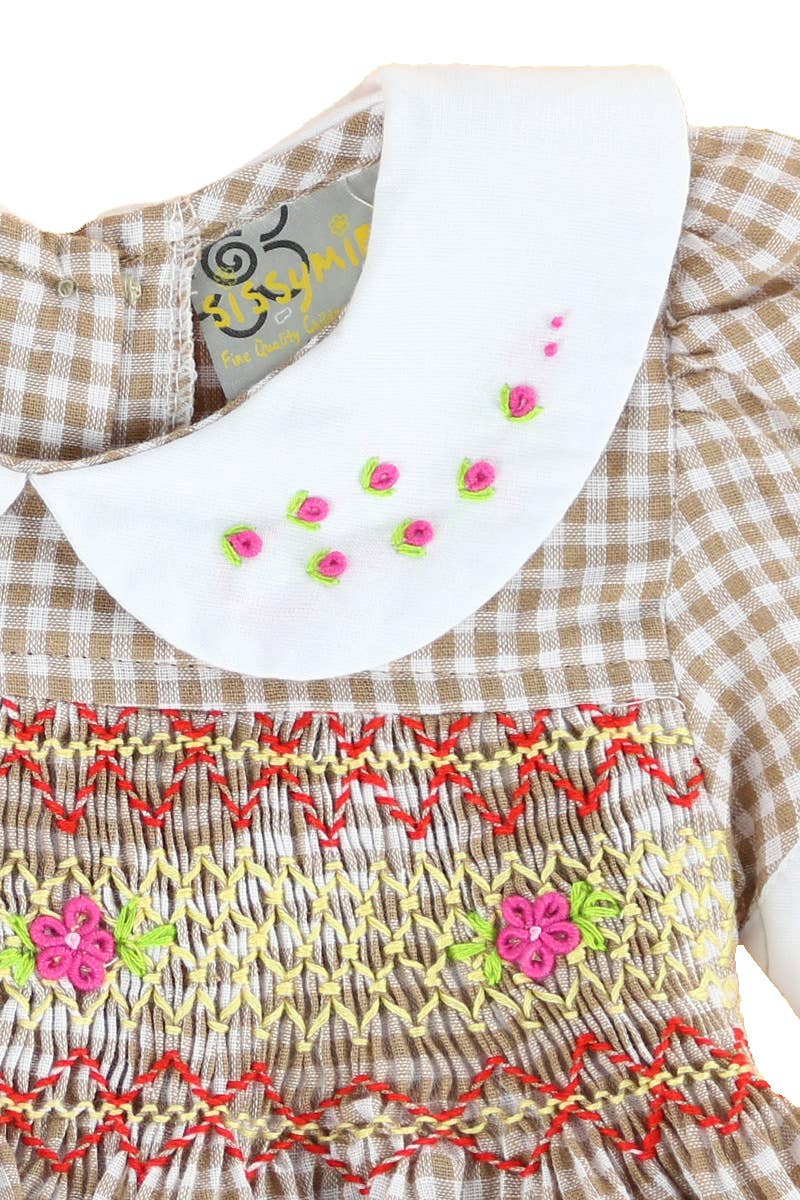 SISSYMINI - Vente Robe – bébé - Robe vichy brune smockée à la main pour bébés et tout-petits2