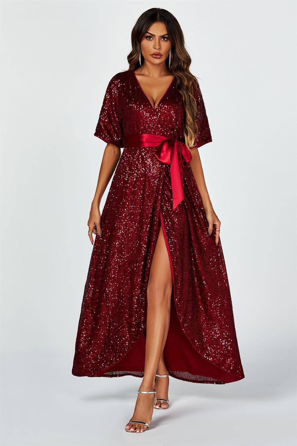 Wrap Style Sequin Maxi Dress In Wine for wholesale on Faire3