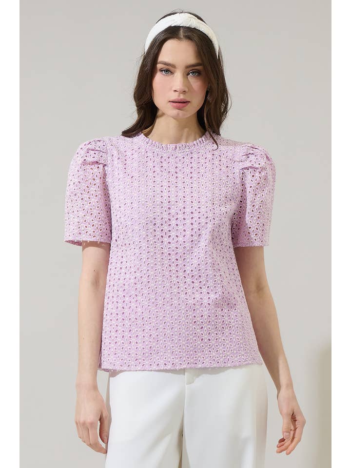 Lilac Hadi Eyelet Veronica Puff Sleeve Blouse for wholesale on Faire5