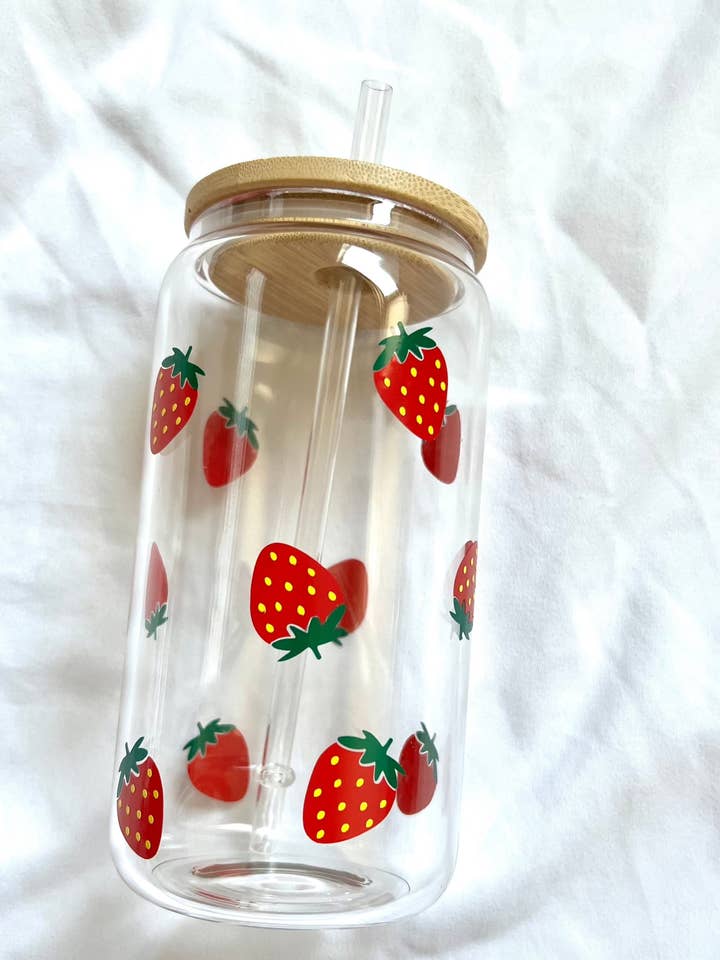 12oz Strawberries glass cup w/ lid for wholesale by Honey Rose Collective