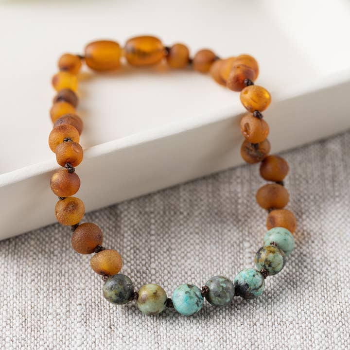 Adults | African Turquoise + Raw Cognac Amber Anklet for wholesale by R.B. Amber Jewelry