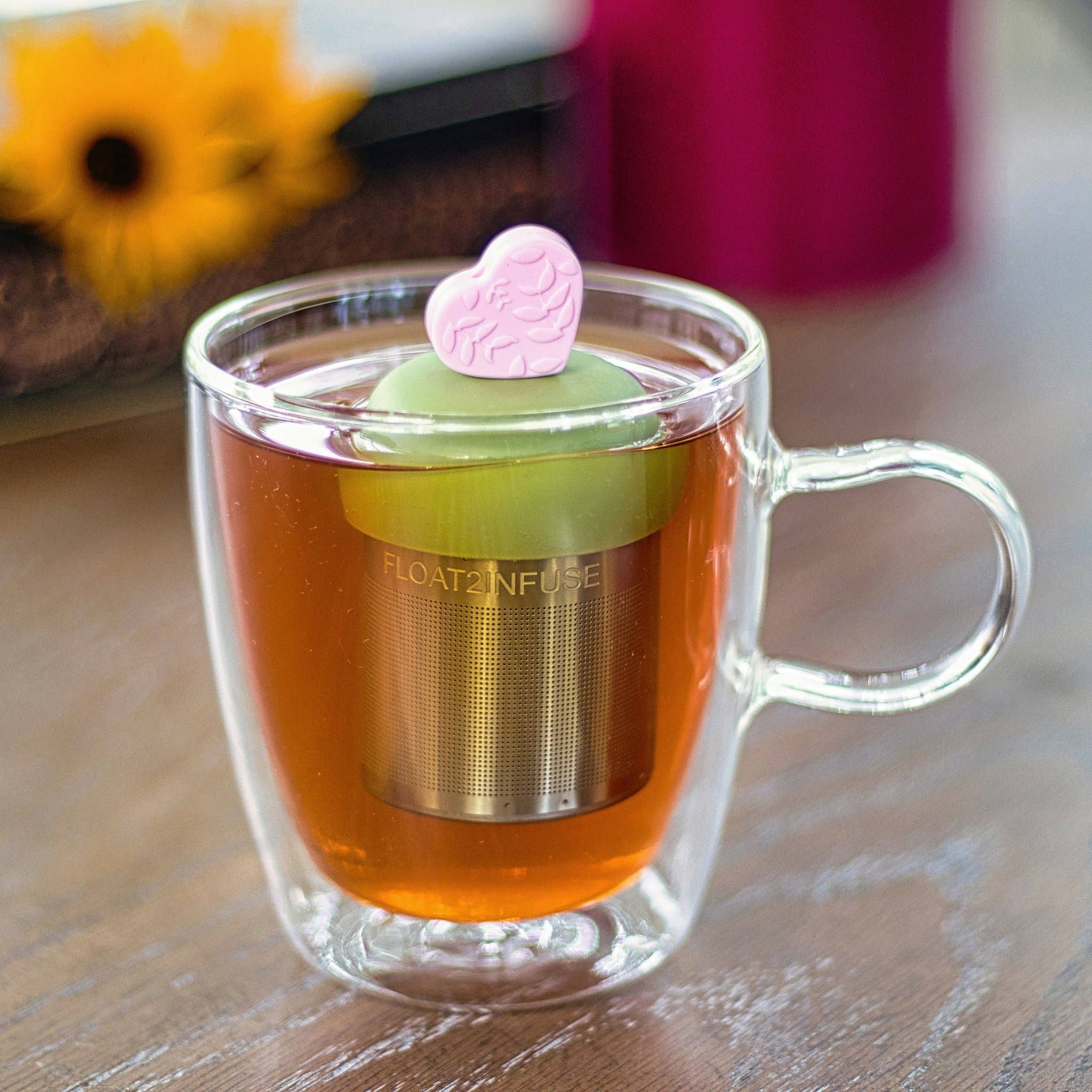 Float2infuse Tea Infuser – Engroshandel Tesi – Lyserød Blad Hjerte | Flydende Te Si | Grøn Base1