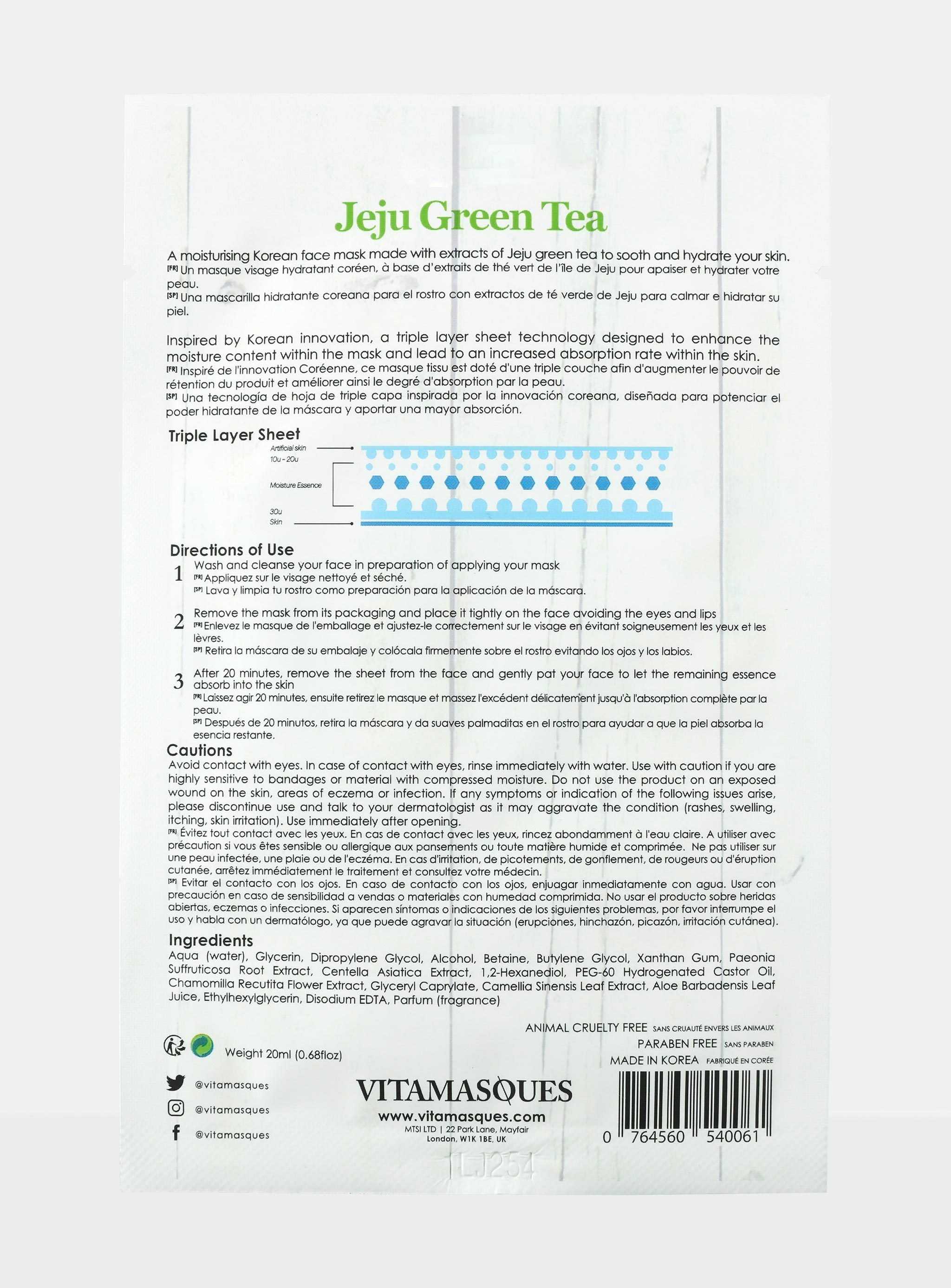 Vitamasques UK - Vendita all'ingrosso Maschera viso - Maschera facciale in foglio di tè verde Jeju1