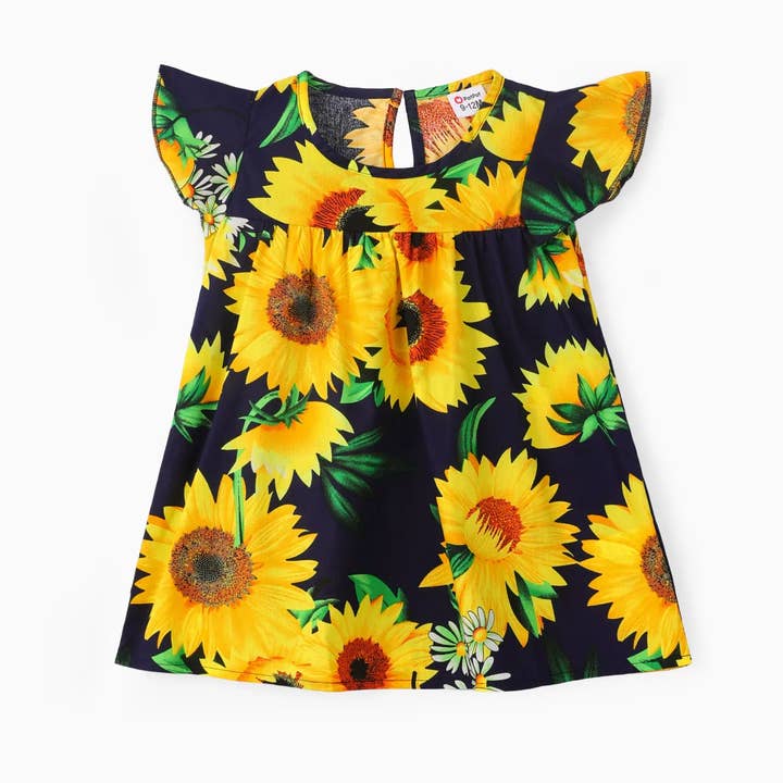 Babymeisje 100% Katoenen Zonnebloem Jurk met Vlindermouwen voor wholesale door PatPat