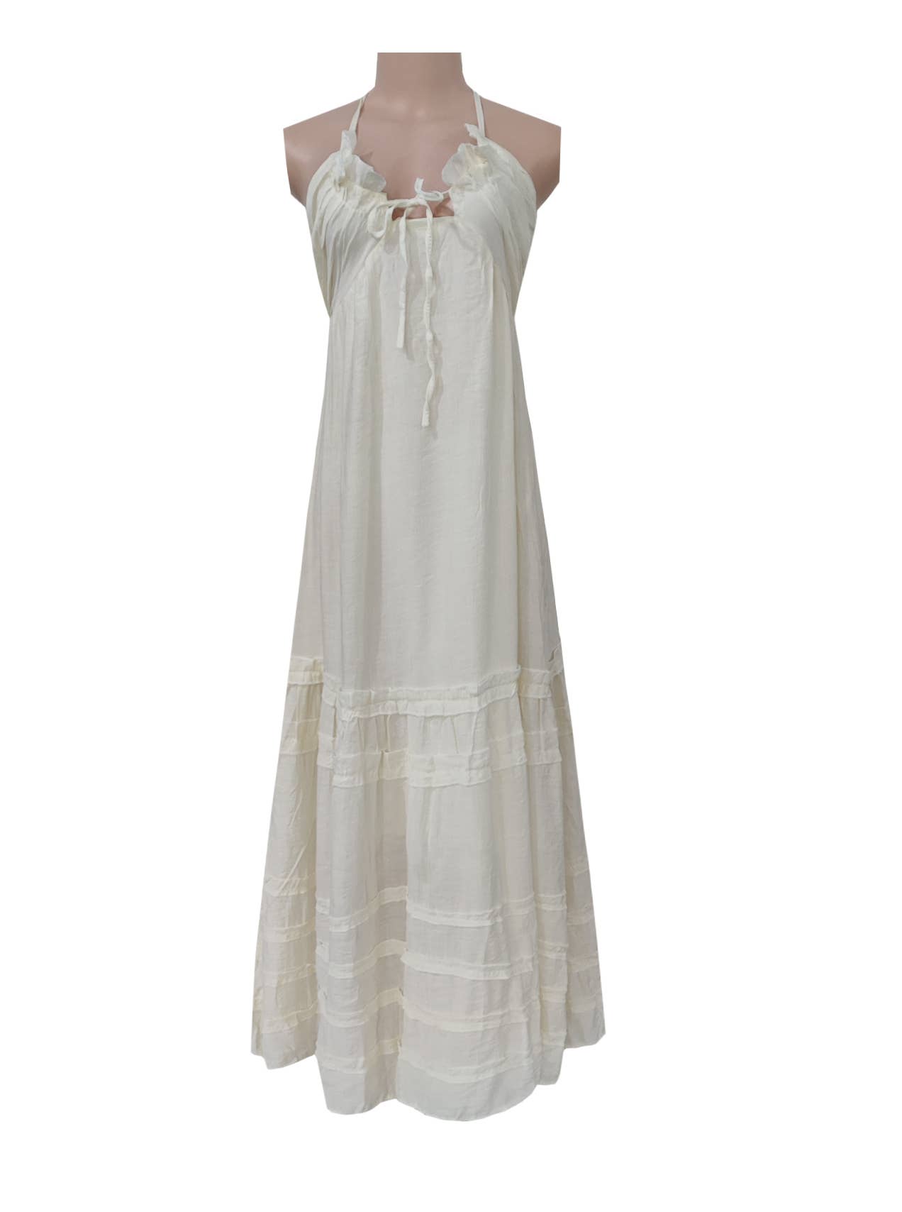 beige BOHO Beach Resort ruffle halter large swing flare maxi dress for wholesale on Faire0