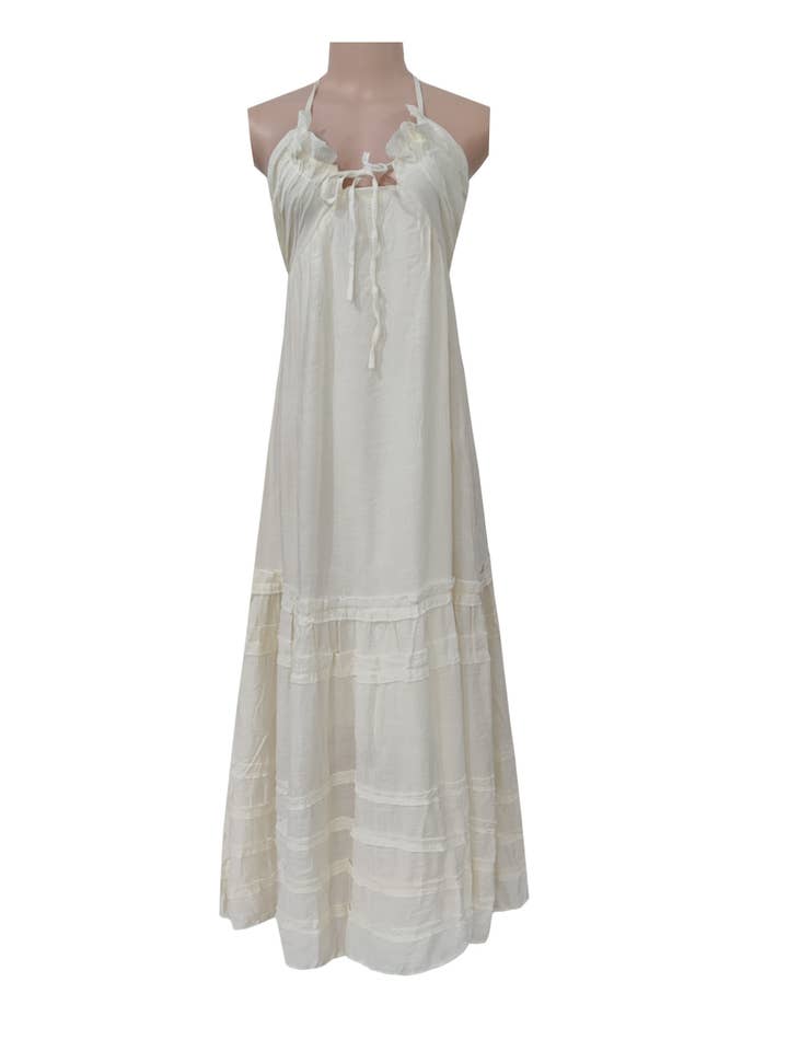 beige BOHO Beach Resort ruffle halter large swing flare maxi dress for wholesale on Faire