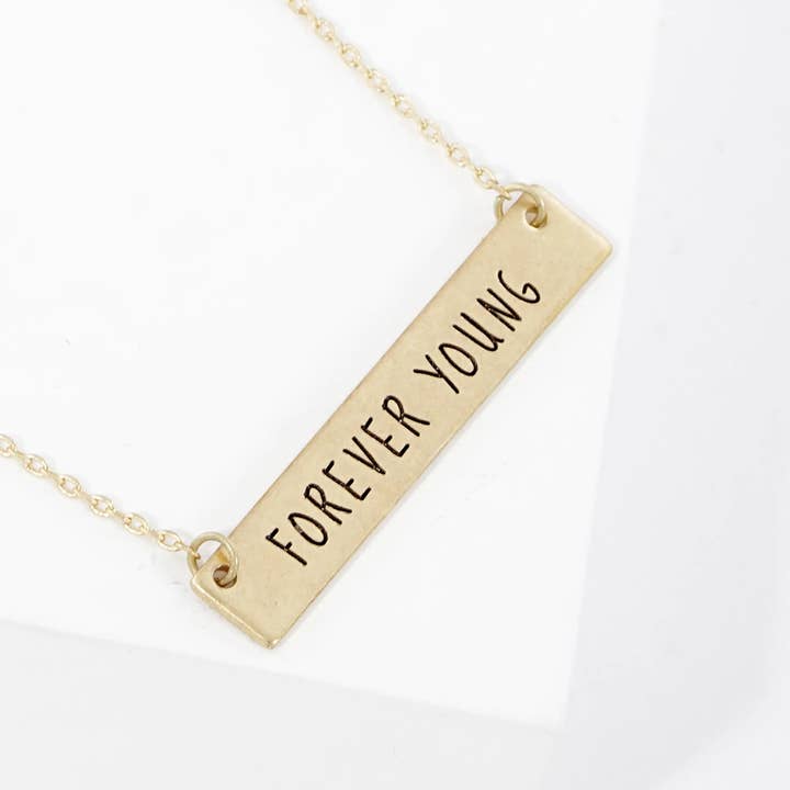 Wild Honey - Wholesale Pendant/Charm Necklace - Forever Young Engraved Horizontal Bar Pendant Necklace1