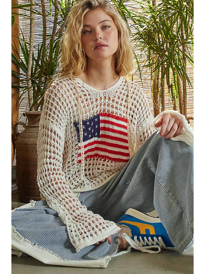 Pol Clothing - Wholesale Knit Top - Women's - Long sleeve American flag hoodie thin sweater top SALE