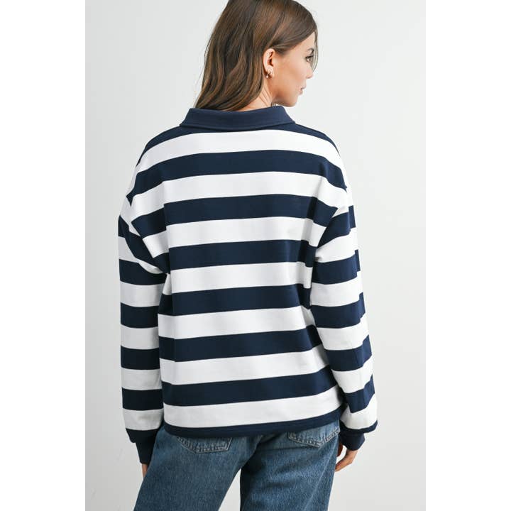 BUTTERMELON - Wholesale Sweatshirt - Women's - Striped Quarter-Buttoned Collared Sweatshirt - BMT80794