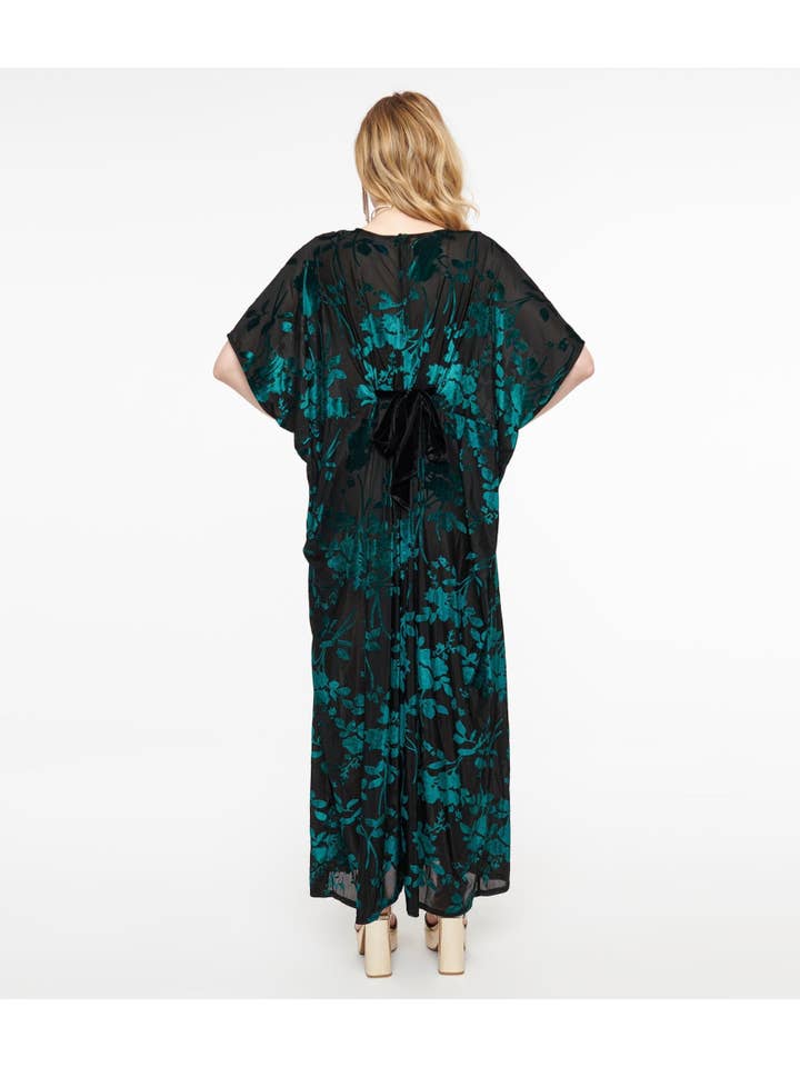 Unique Vintage - Wholesale Jumpsuit - Women's - Unique Vintage 1970s Black & Teal Velvet Floral Burnout Caftan Jumpsuit