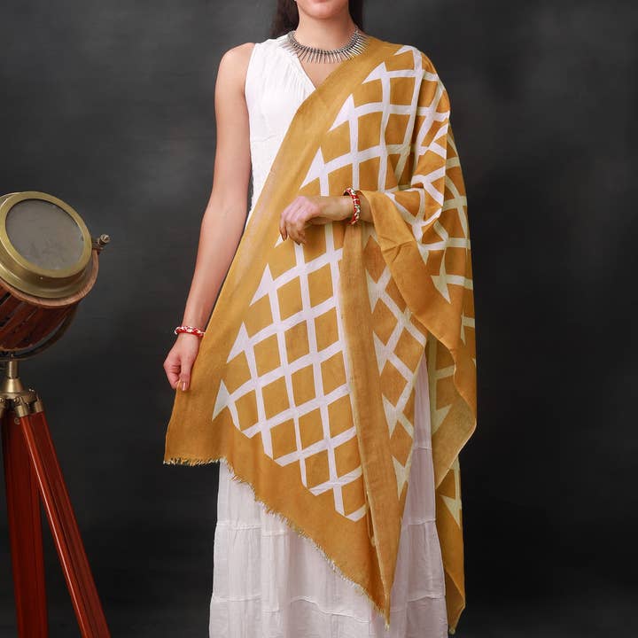 Exotic India Art - Wholesale Wrap – Women's - Caramel Woolen Stole with White Diamond Pattern1