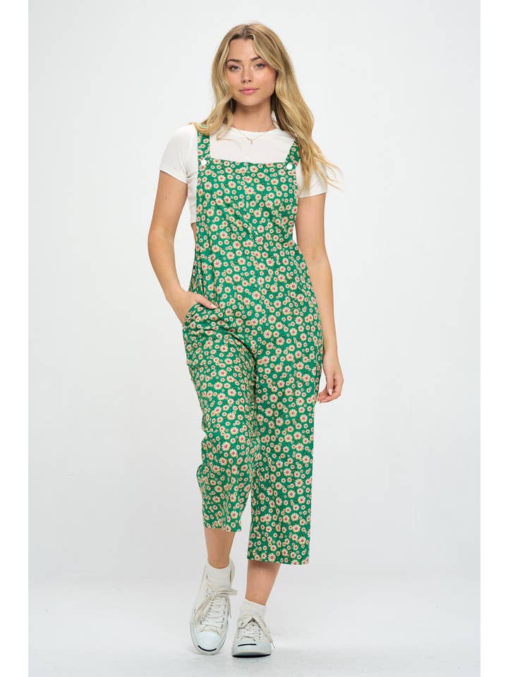 SM WARDROBE - Wholesale Overalls - Women's - GREEN DAISY FLORAL PRINT JUMPSUITS WITH POCKETS OVERALL