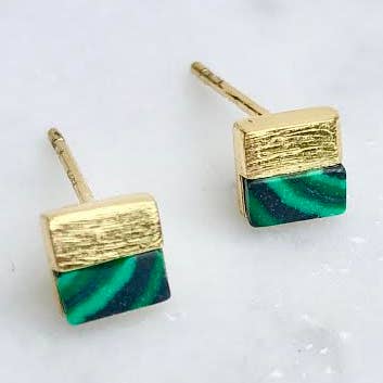tiny gold malachite square studs for wholesale by minor metal jewelry
