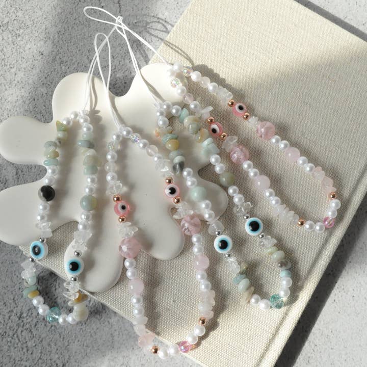 Gemstone Phone Charm, Amazonite & Rose Quartz Phone Chain for wholesale by TheMellys