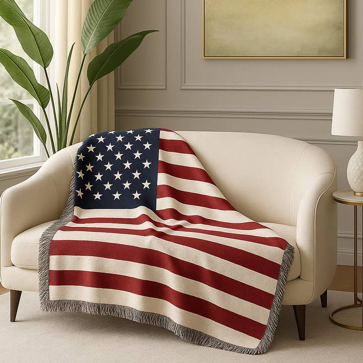 Couverture en coton avec motif de drapeau américain - 130 cm x 180 cm pour la vente par Fennco Styles