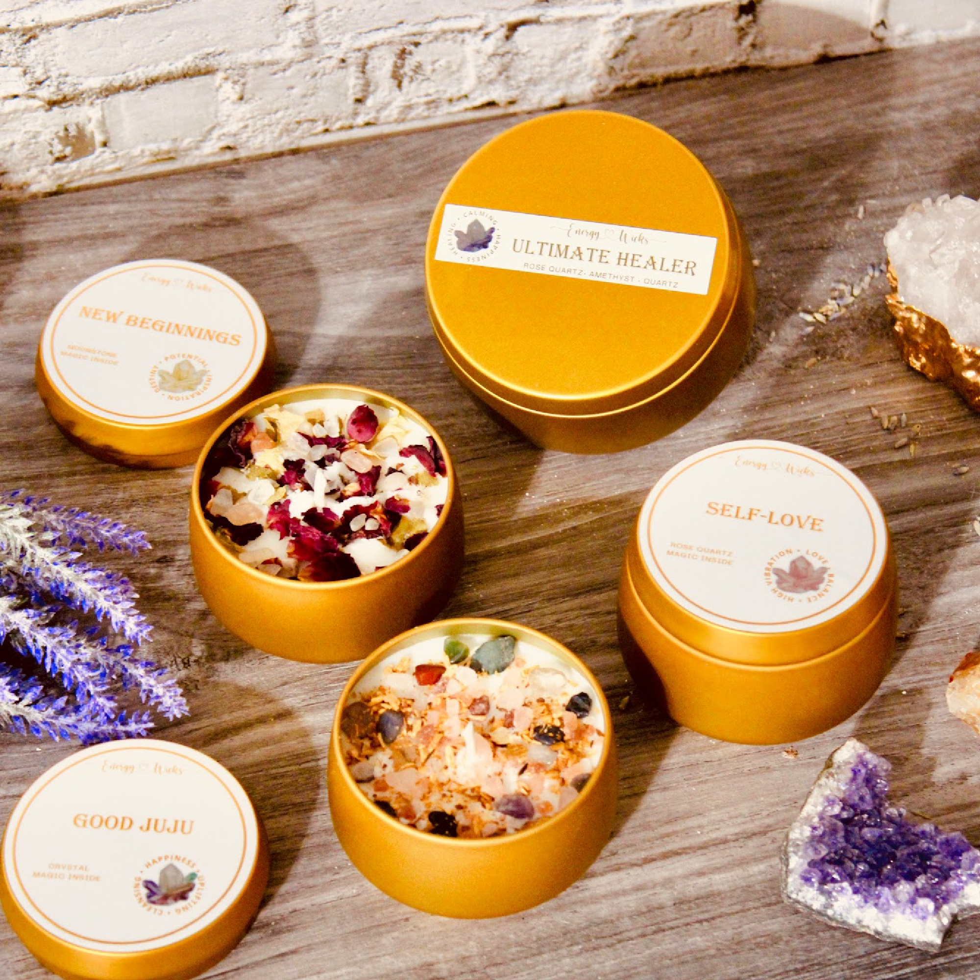 Energy Wicks - Vente Bougie en bocal - Bougie cristal ULTIMATE HEALER avec Palo Santo, lavande et pétales de rose3