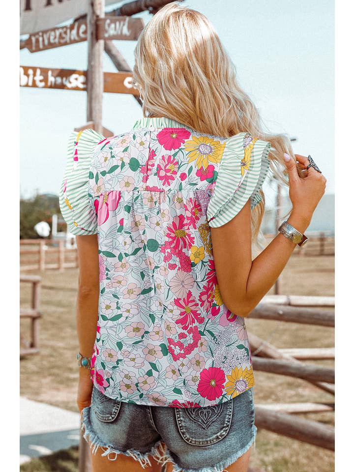 fashionworks - Wholesale Blouse - Women's - Fashion-W Floral Contrast Ruffle Trim Short Sleeve Blouse